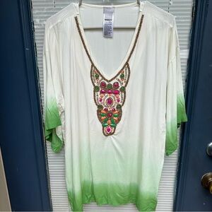Chico's Ombre Multicolor v neck 3/4 sleeve shirt beaded Top Beach Women's Sz 1/M